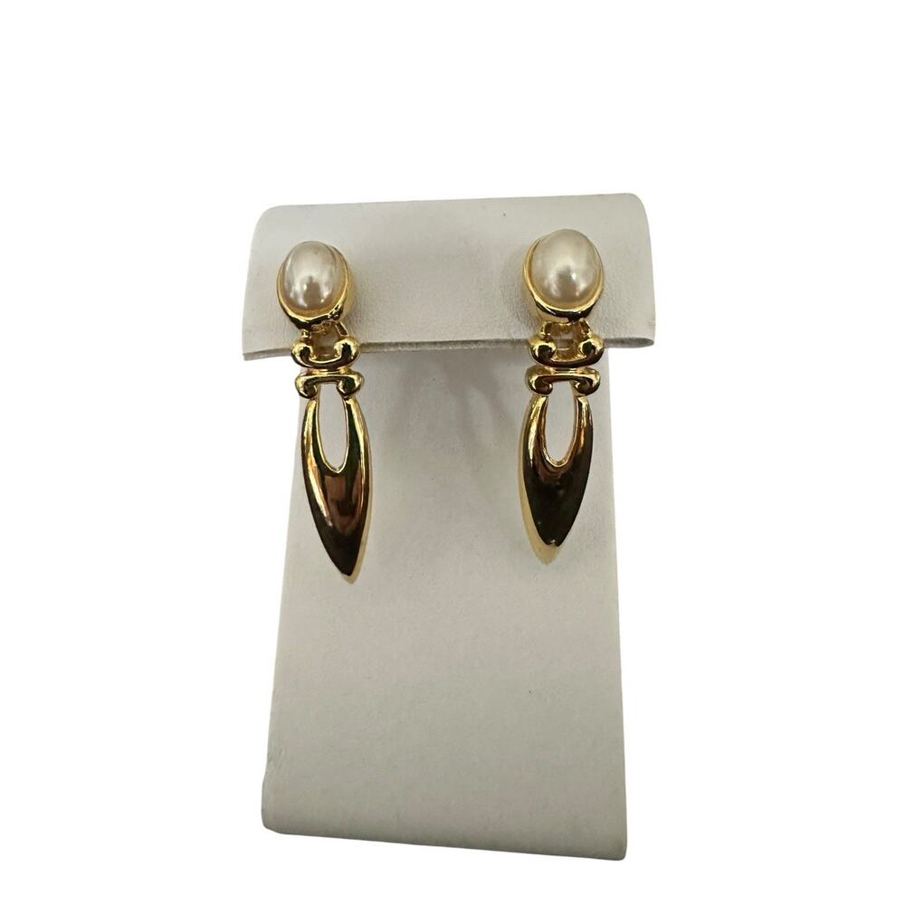 Vintage Pearl & Gold Tone Large Drop Statement Earrings Pierced 80’s Glam